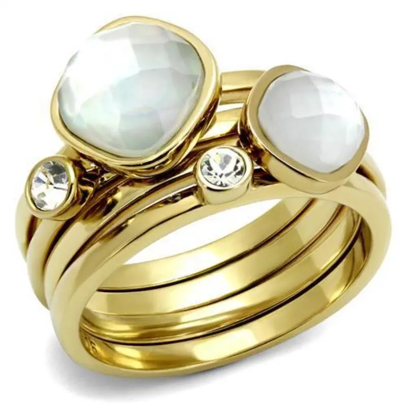Ip Gold(Ion Plating) Stainless Steel Ring With Synthetic Synthetic Glass In White 1