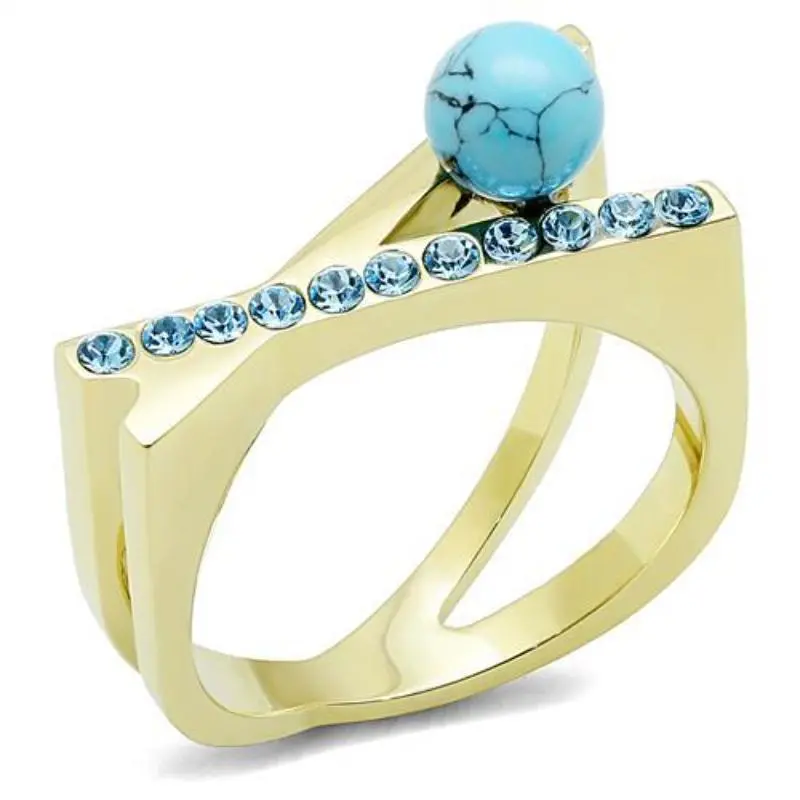 Ip Gold(Ion Plating) Stainless Steel Ring With Synthetic Turquoise In Turquoise 1