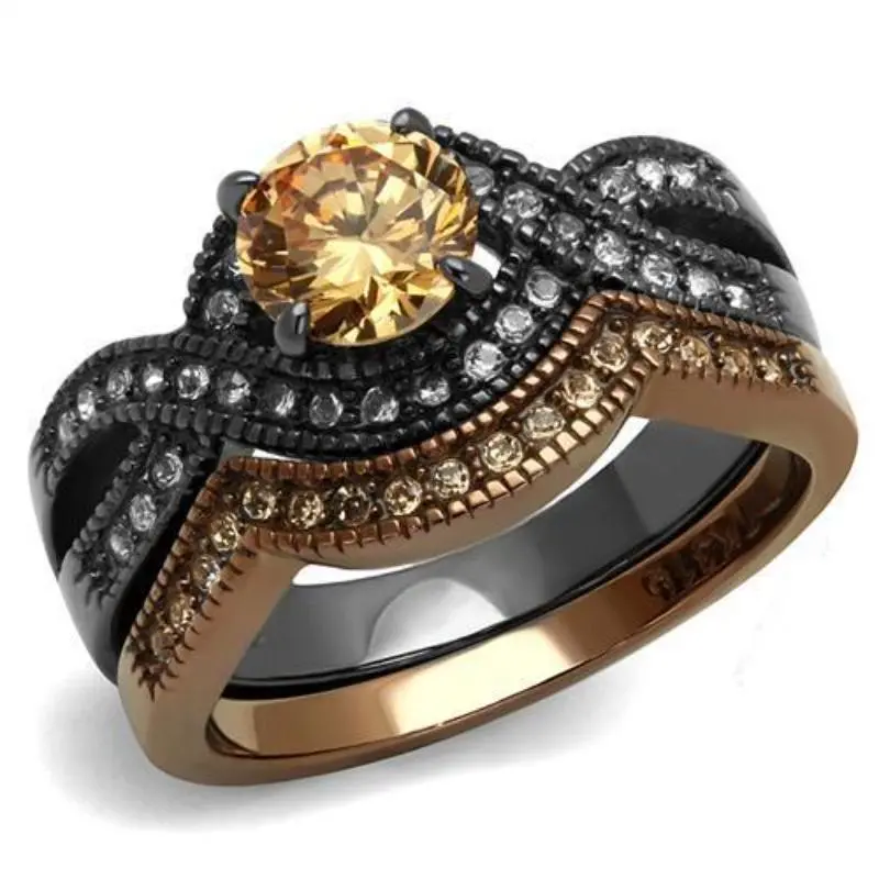 Ip Light Black & Ip Light Coffee Stainless Steel Ring With Aaa Grade Cz In Champagne 1