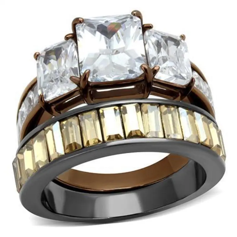 Ip Light Black & Ip Light Coffee Stainless Steel Ring With Aaa Grade Cz In Clear 1