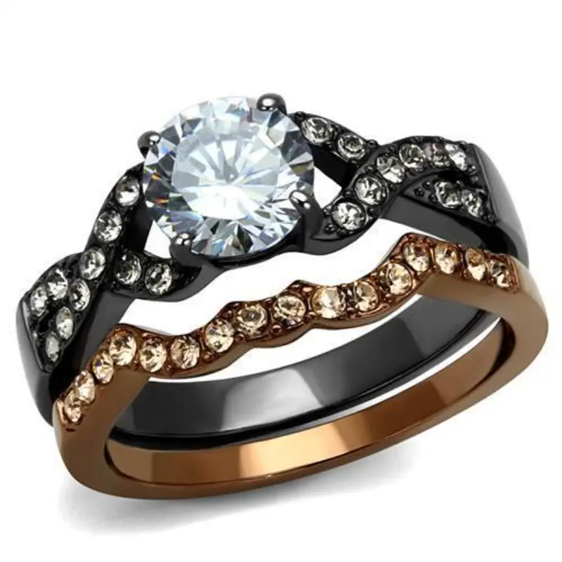 Ip Light Black & Ip Light Coffee Stainless Steel Ring With Aaa Grade Cz In Clear 1