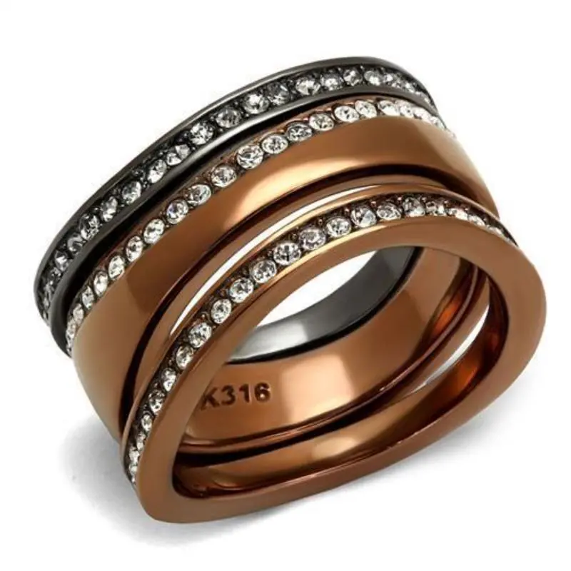 Ip Light Black & Ip Light Coffee Stainless Steel Ring With Top Grade Crystal In Black Diamond 1