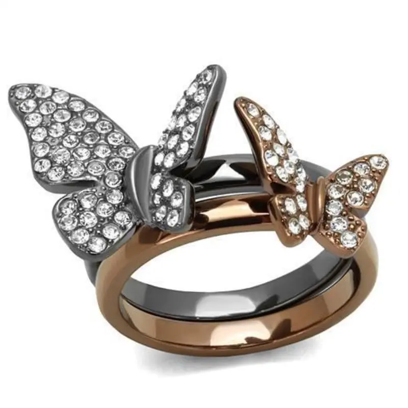 Ip Light Black & Ip Light Coffee Stainless Steel Ring With Top Grade Crystal In Clear 1