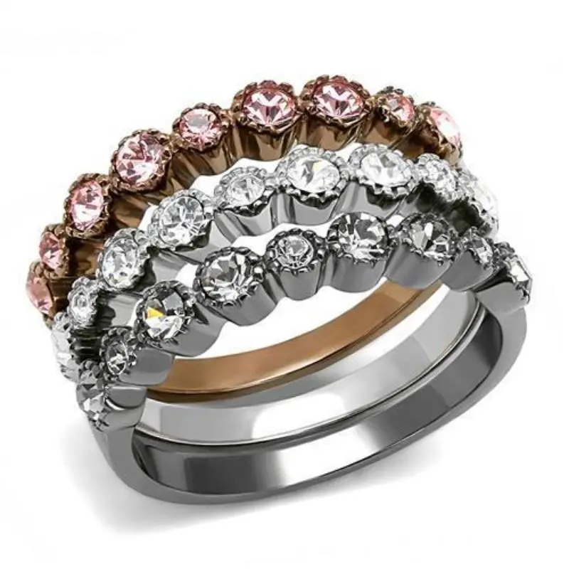 Ip Light Black & Ip Light Coffee Stainless Steel Ring With Top Grade Crystal In Multi Color 1