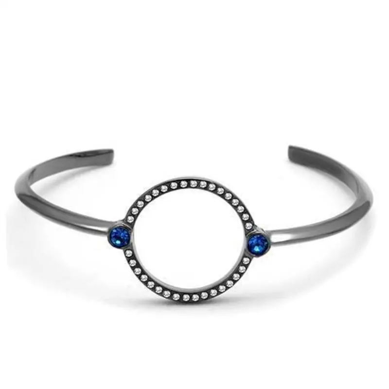 Ip Light Black Stainless Steel Bangle With Top Grade Crystal In Capri Blue 1