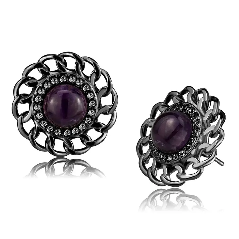 Ip Light Black Stainless Steel Earrings With Semi-Precious Amethyst Crystal In Amethyst 1