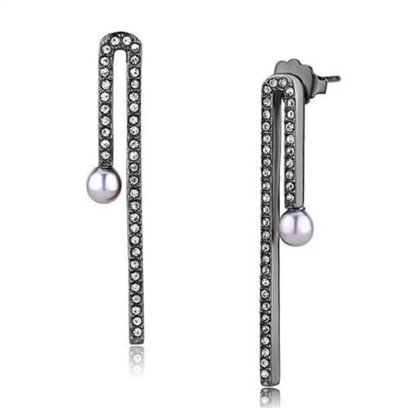 Ip Light Black Stainless Steel Earrings With Synthetic Pearl In Light Amethyst 1