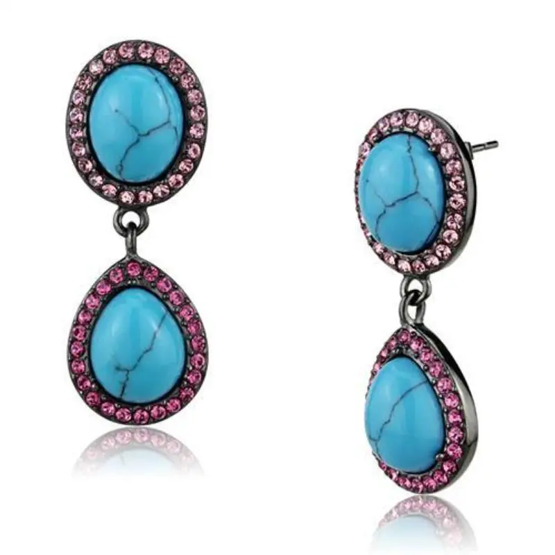 Ip Light Black Stainless Steel Earrings With Synthetic Turquoise In Sea Blue 1