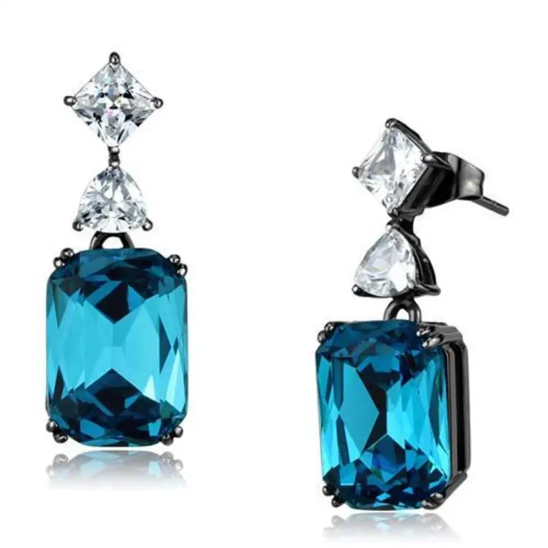 Ip Light Black Stainless Steel Earrings With Top Grade Crystal In Blue Zircon 1