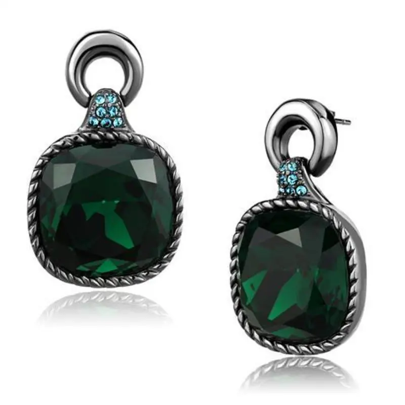 Ip Light Black Stainless Steel Earrings With Top Grade Crystal In Emerald 1