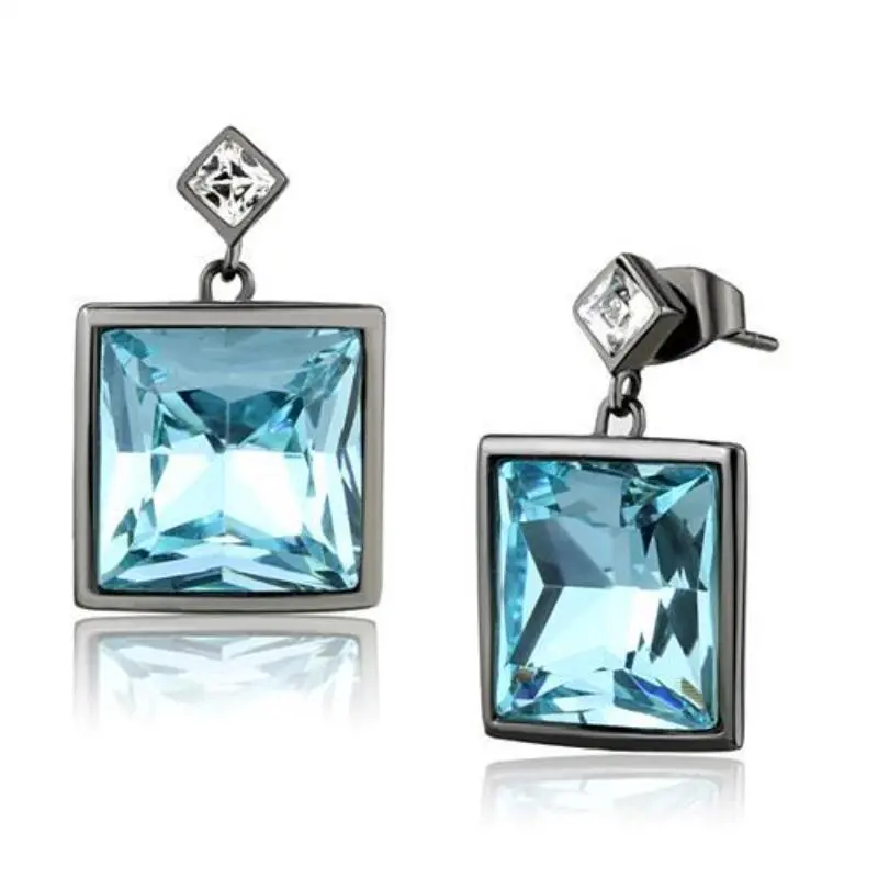 Ip Light Black Stainless Steel Earrings With Top Grade Crystal In Sea Blue 1
