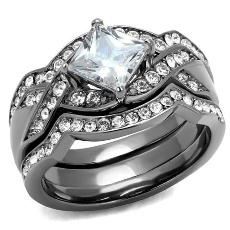 Ip Light Black Stainless Steel Ring With Aaa Grade Cz In Clear 1