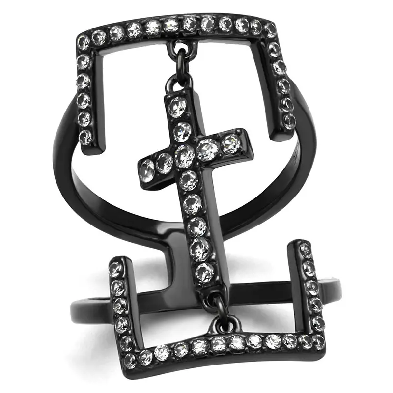 Ip Light Black Stainless Steel Ring With Aaa Grade Cz In Clear 1