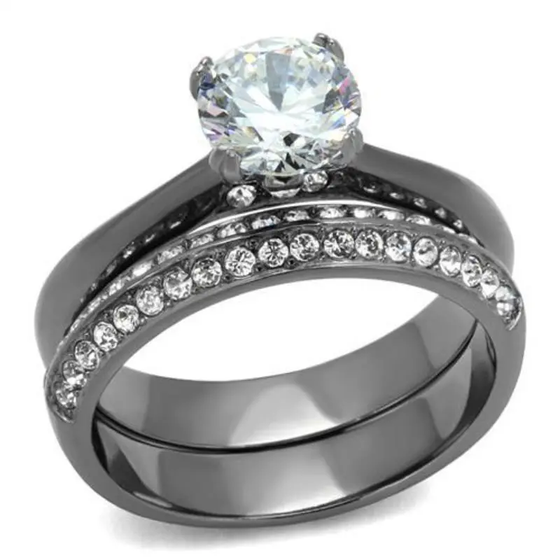 Ip Light Black Stainless Steel Ring With Aaa Grade Cz In Clear 1