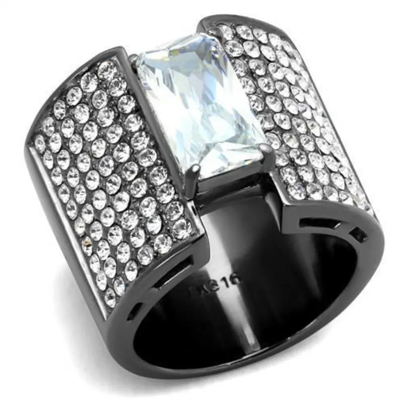Ip Light Black Stainless Steel Ring With Aaa Grade Cz In Clear 1