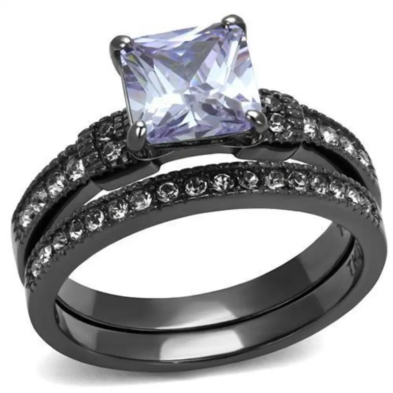 Ip Light Black Stainless Steel Ring With Aaa Grade Cz In Light Amethyst 1