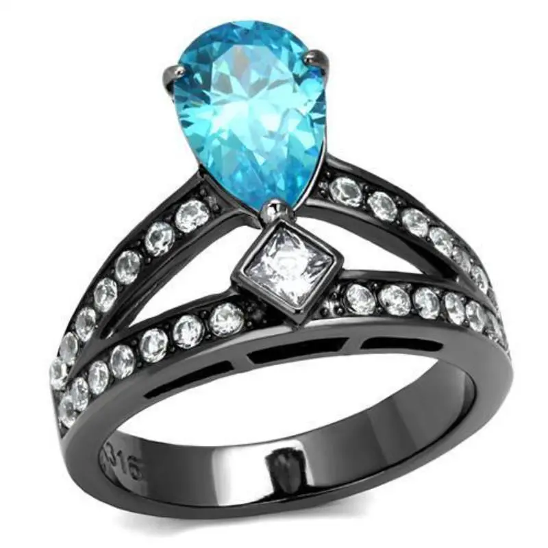Ip Light Black Stainless Steel Ring With Aaa Grade Cz In Sea Blue 1