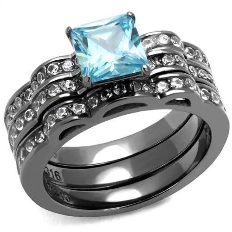 Ip Light Black Stainless Steel Ring With Aaa Grade Cz In Sea Blue 1