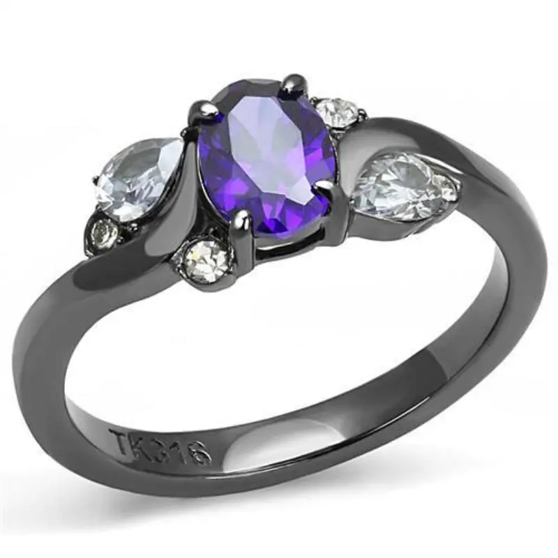 Ip Light Black Stainless Steel Ring With Aaa Grade Cz In Tanzanite 1