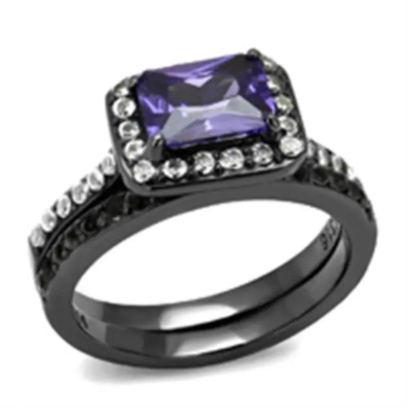 Ip Light Black Stainless Steel Ring With Aaa Grade Cz In Tanzanite 1