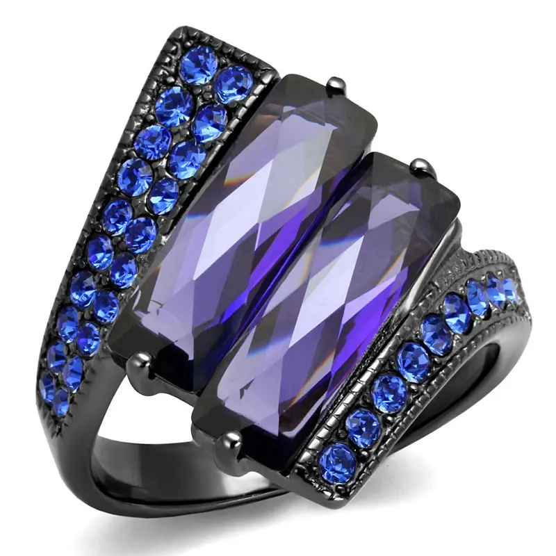 Ip Light Black Stainless Steel Ring With Aaa Grade Cz In Tanzanite 1
