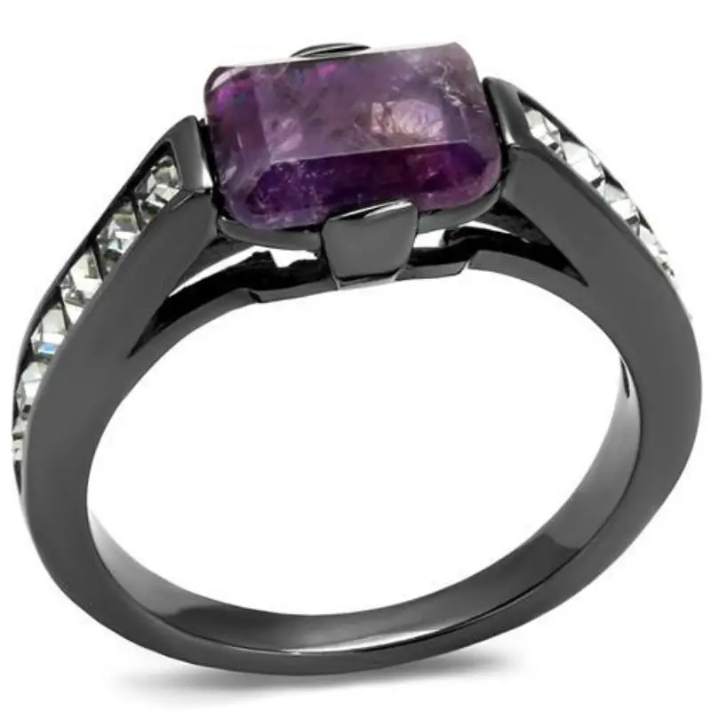 Ip Light Black Stainless Steel Ring With Precious Stone Amethyst Crystal In Amethyst 1