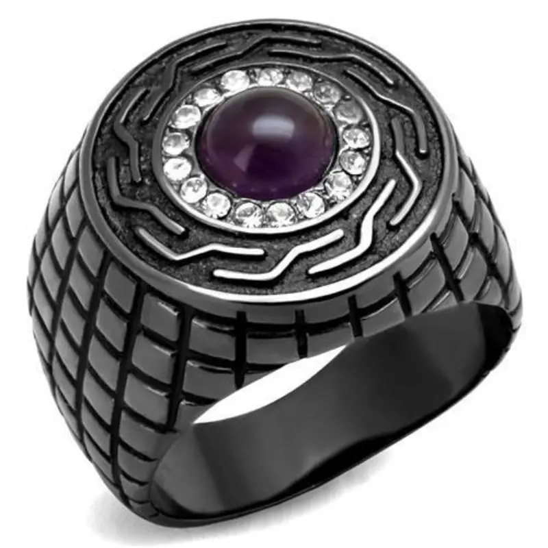 Ip Light Black Stainless Steel Ring With Semi-Precious Amethyst Crystal In Amethyst 1
