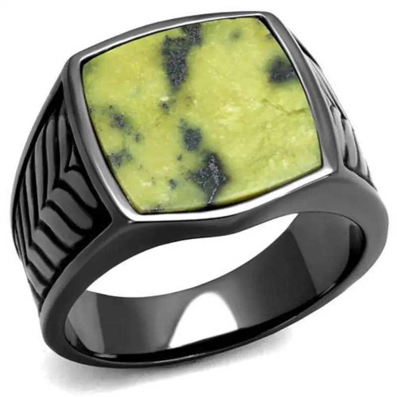 Ip Light Black Stainless Steel Ring With Semi-Precious Topaz Jade In Topaz 1