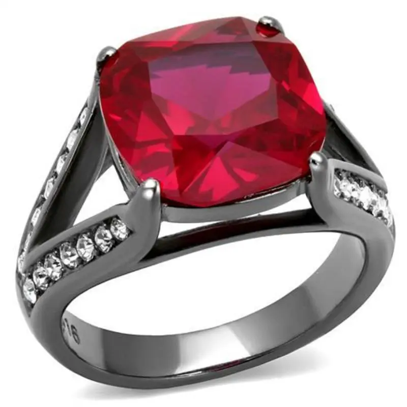 Ip Light Black Stainless Steel Ring With Synthetic Corundum In Ruby 1