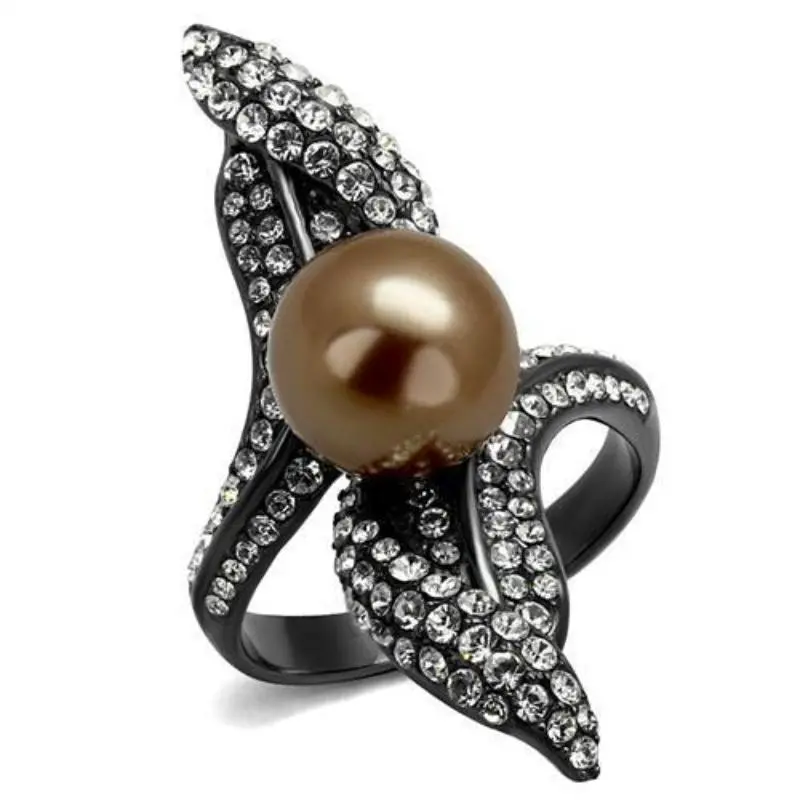 Ip Light Black Stainless Steel Ring With Synthetic Pearl In Brown 1
