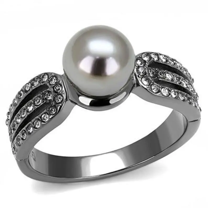 Ip Light Black Stainless Steel Ring With Synthetic Pearl In Gray 1