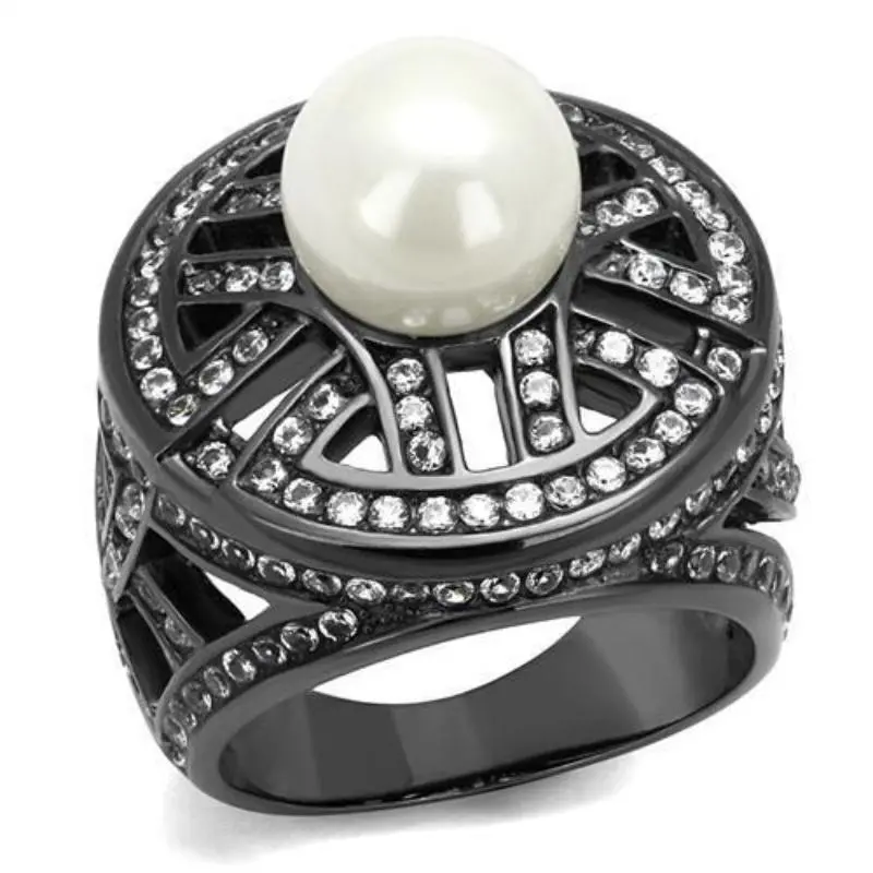 Ip Light Black Stainless Steel Ring With Synthetic Pearl In White 1