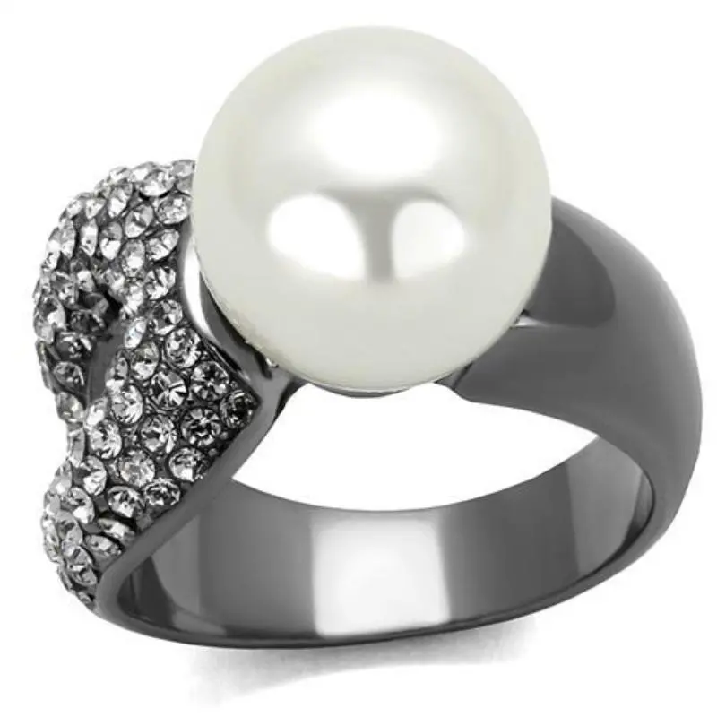 Ip Light Black Stainless Steel Ring With Synthetic Pearl In White 1
