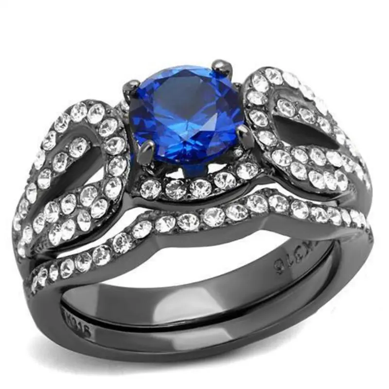 Ip Light Black Stainless Steel Ring With Synthetic Spinel In London Blue 1