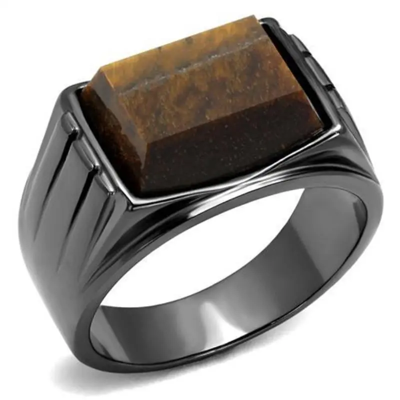 Ip Light Black Stainless Steel Ring With Synthetic Tiger Eye In Topaz 1