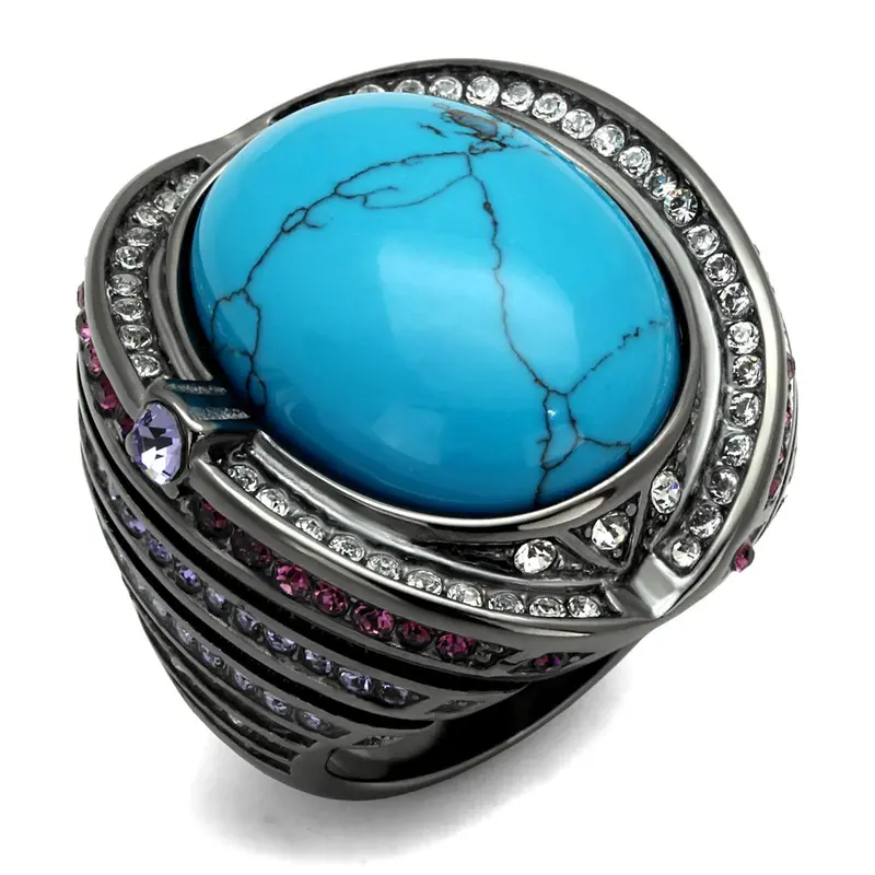 Ip Light Black Stainless Steel Ring With Synthetic Turquoise In Sea Blue 1