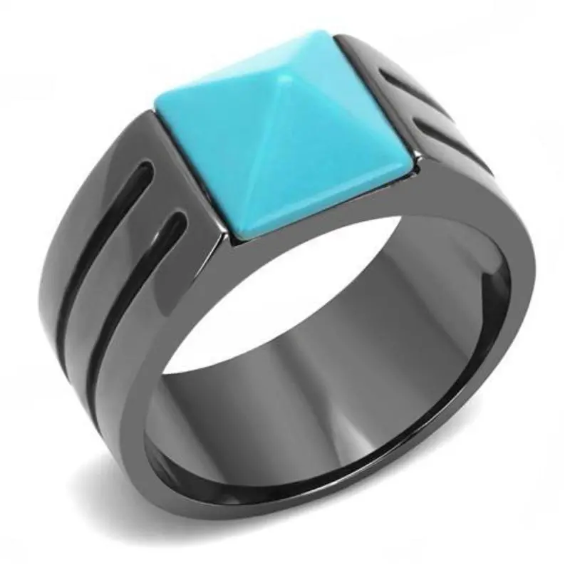 Ip Light Black Stainless Steel Ring With Synthetic Turquoise In Sea Blue 1