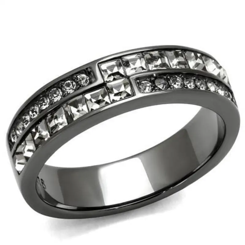 Ip Light Black Stainless Steel Ring With Top Grade Crystal In Black Diamond 1