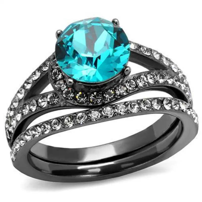 Ip Light Black Stainless Steel Ring With Top Grade Crystal In Blue Zircon 1