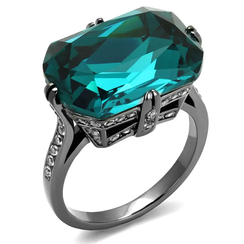 Ip Light Black Stainless Steel Ring With Top Grade Crystal In Blue Zircon 1