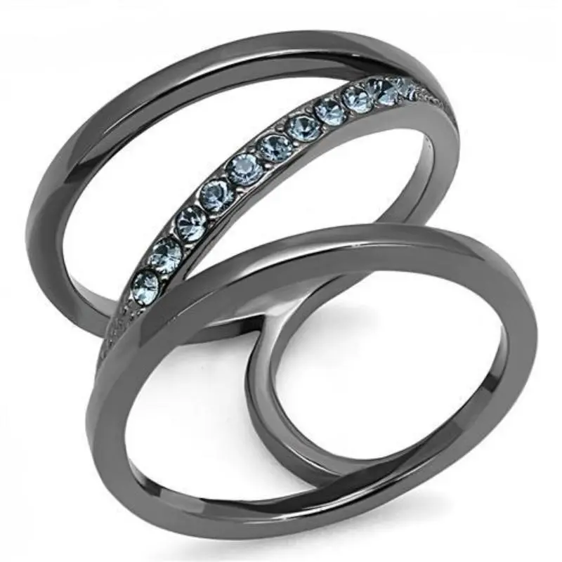 Ip Light Black Stainless Steel Ring With Top Grade Crystal In Capri Blue 1