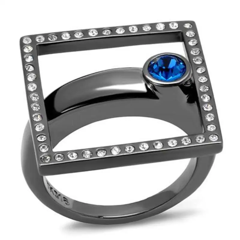 Ip Light Black Stainless Steel Ring With Top Grade Crystal In Capri Blue 1