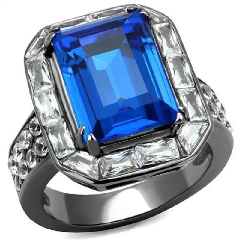 Ip Light Black Stainless Steel Ring With Top Grade Crystal In Capri Blue 1