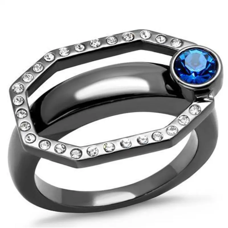 Ip Light Black Stainless Steel Ring With Top Grade Crystal In Capri Blue 1