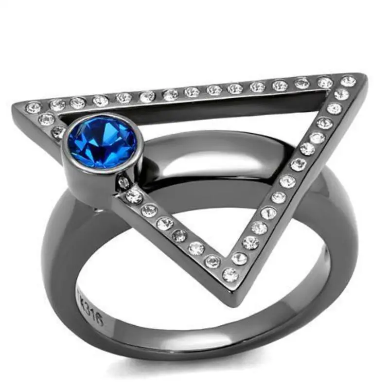 Ip Light Black Stainless Steel Ring With Top Grade Crystal In Capri Blue 1