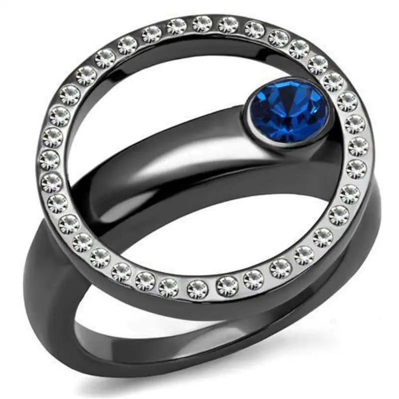 Ip Light Black Stainless Steel Ring With Top Grade Crystal In Capri Blue 1