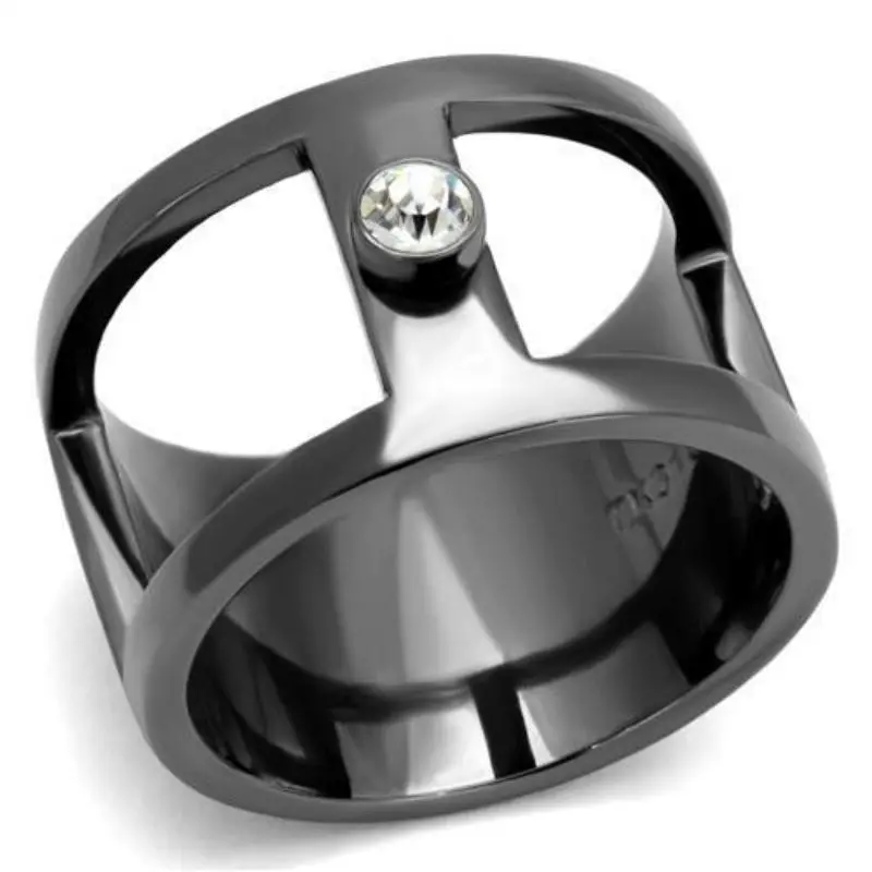 Ip Light Black Stainless Steel Ring With Top Grade Crystal In Clear 1