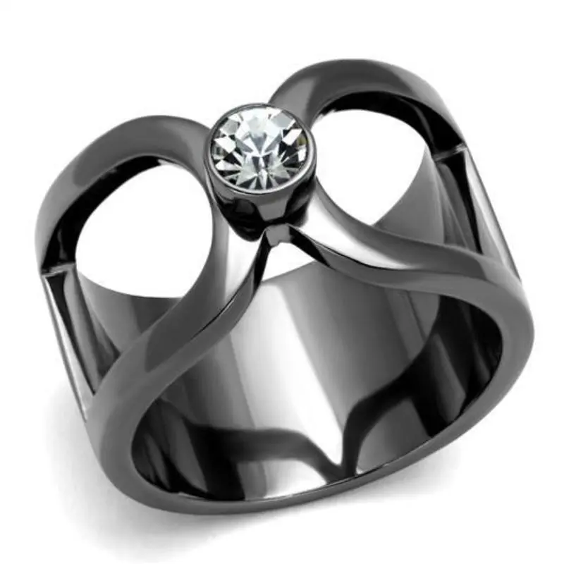 Ip Light Black Stainless Steel Ring With Top Grade Crystal In Clear 1