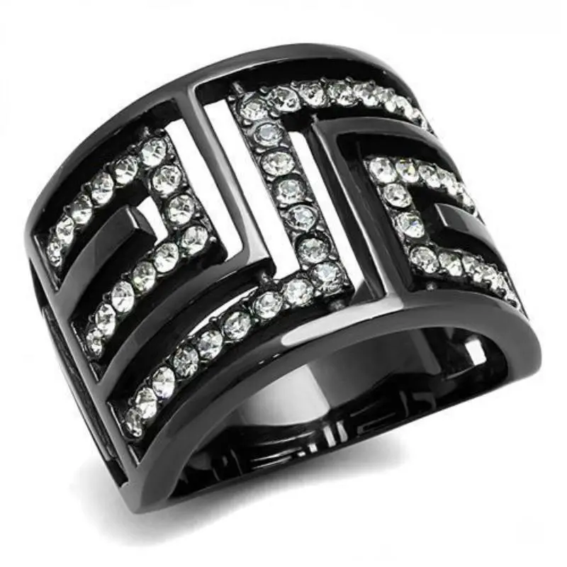 Ip Light Black Stainless Steel Ring With Top Grade Crystal In Clear 1