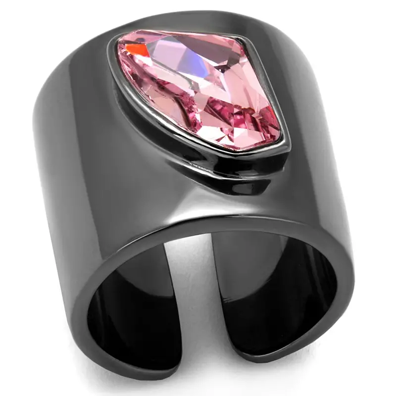 Ip Light Black Stainless Steel Ring With Top Grade Crystal In Light Rose 1